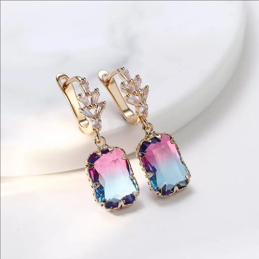 NEW 14k Multicolored Trendy Square Drop Earrings - Picture 3 of 4